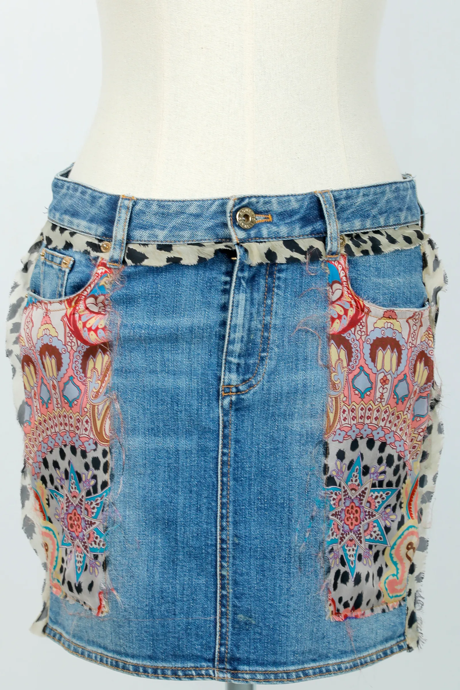 Roberto Cavalli Medium Blue Denim Leopard Print Mini Skirt