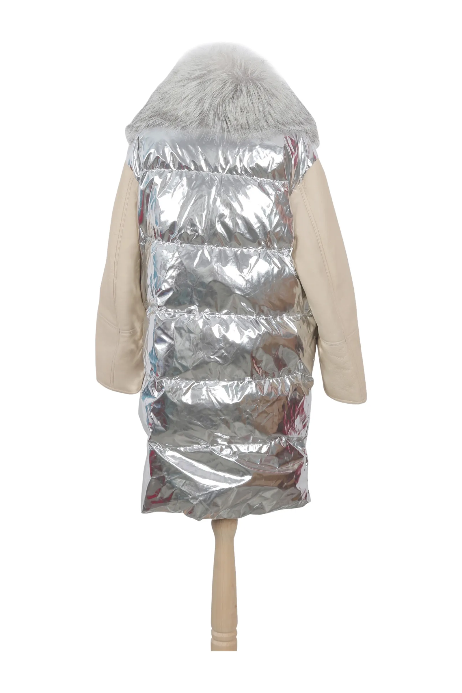 Yves Salomon Silver & Beige Quilted Coat