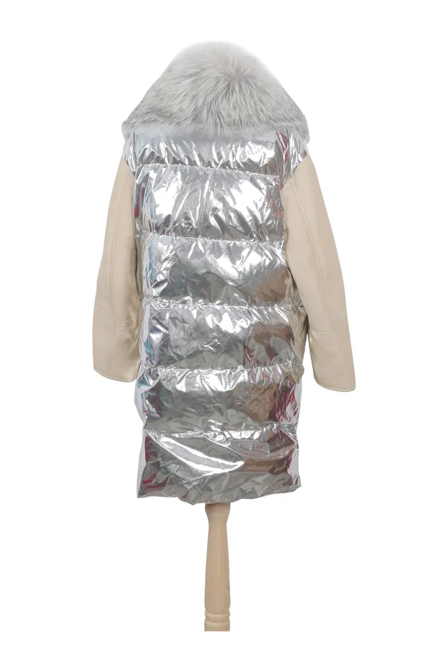 Yves Salomon Silver & Beige Quilted Coat