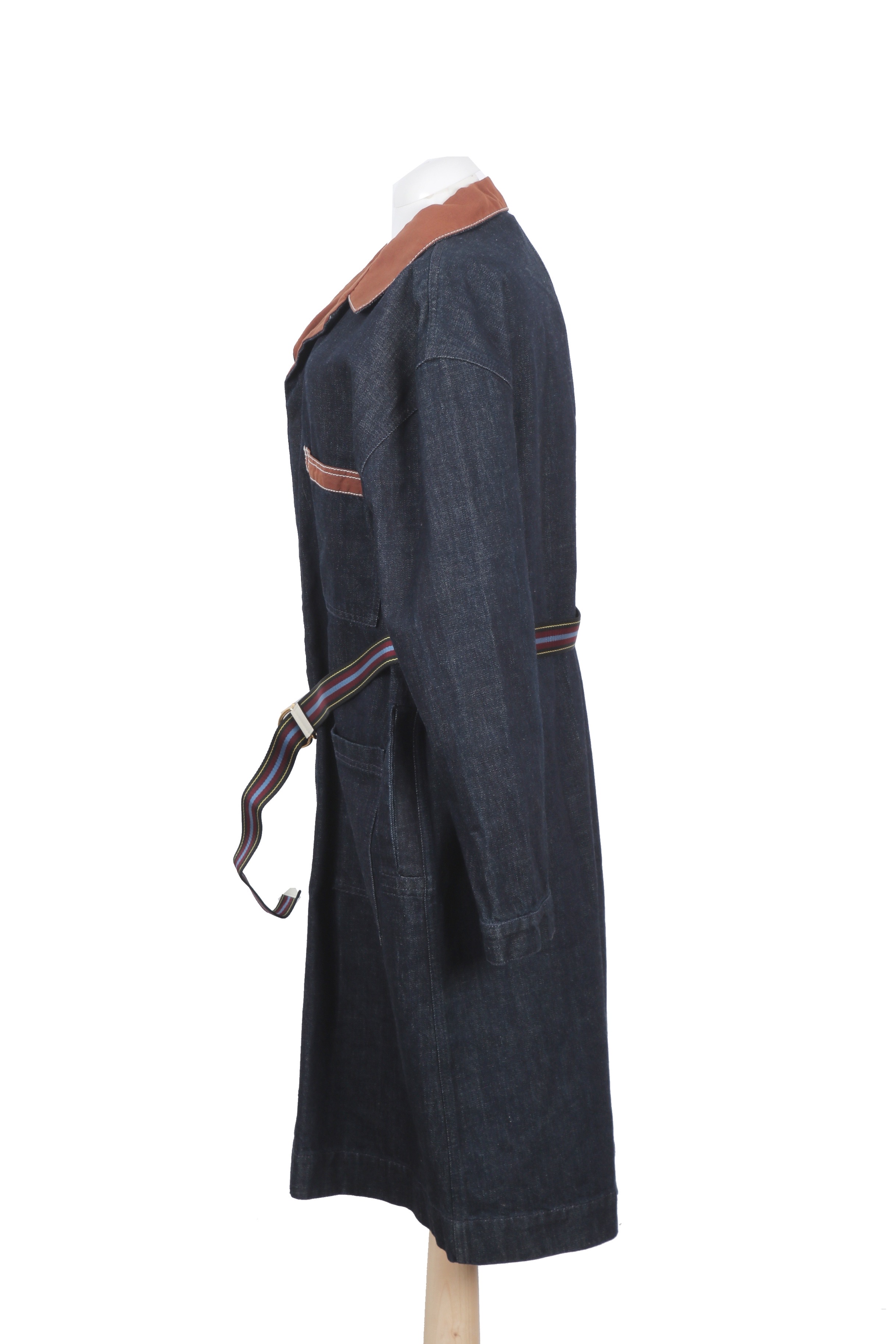 Marni denim coat in deep indigo blue, contrasted with a tan collar and pocket trims