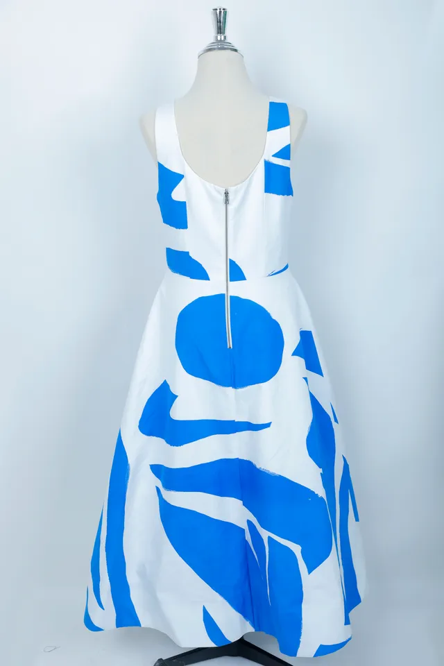 Alice & Olivia Blue & White Abstract Print Midi Dress