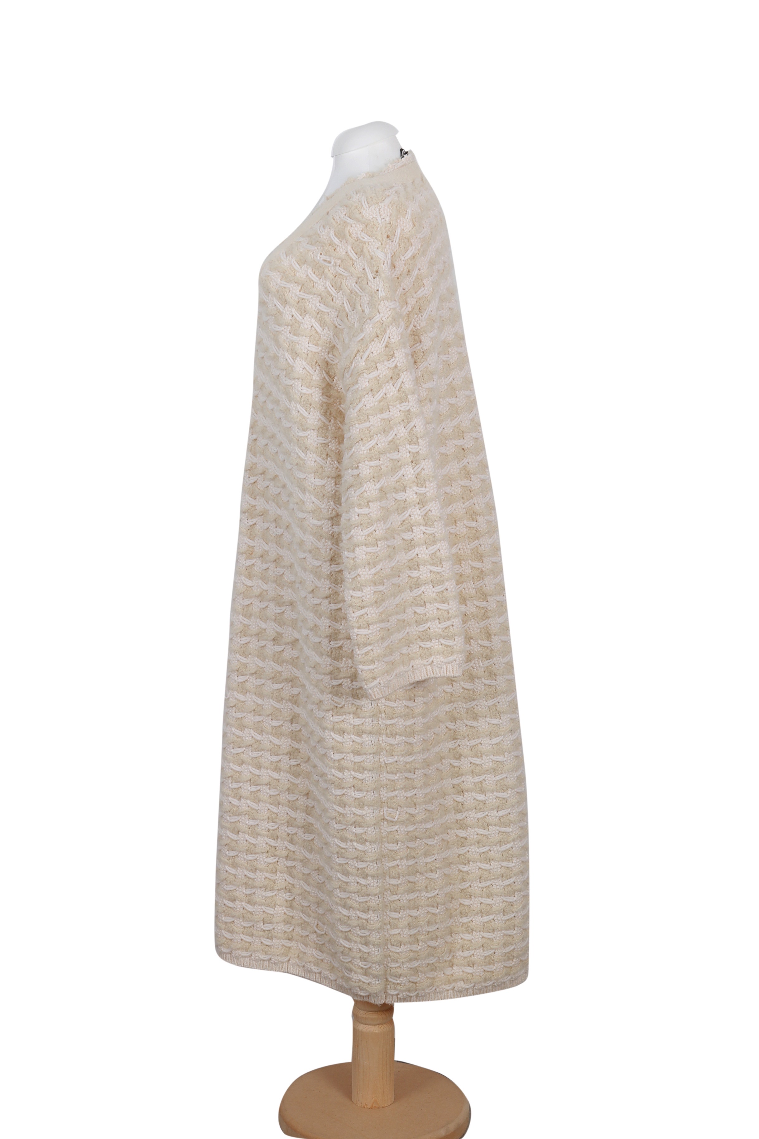 Sonia Rykiel beige knitted midi dress featuring a deep V-neckline and relaxed silhouette