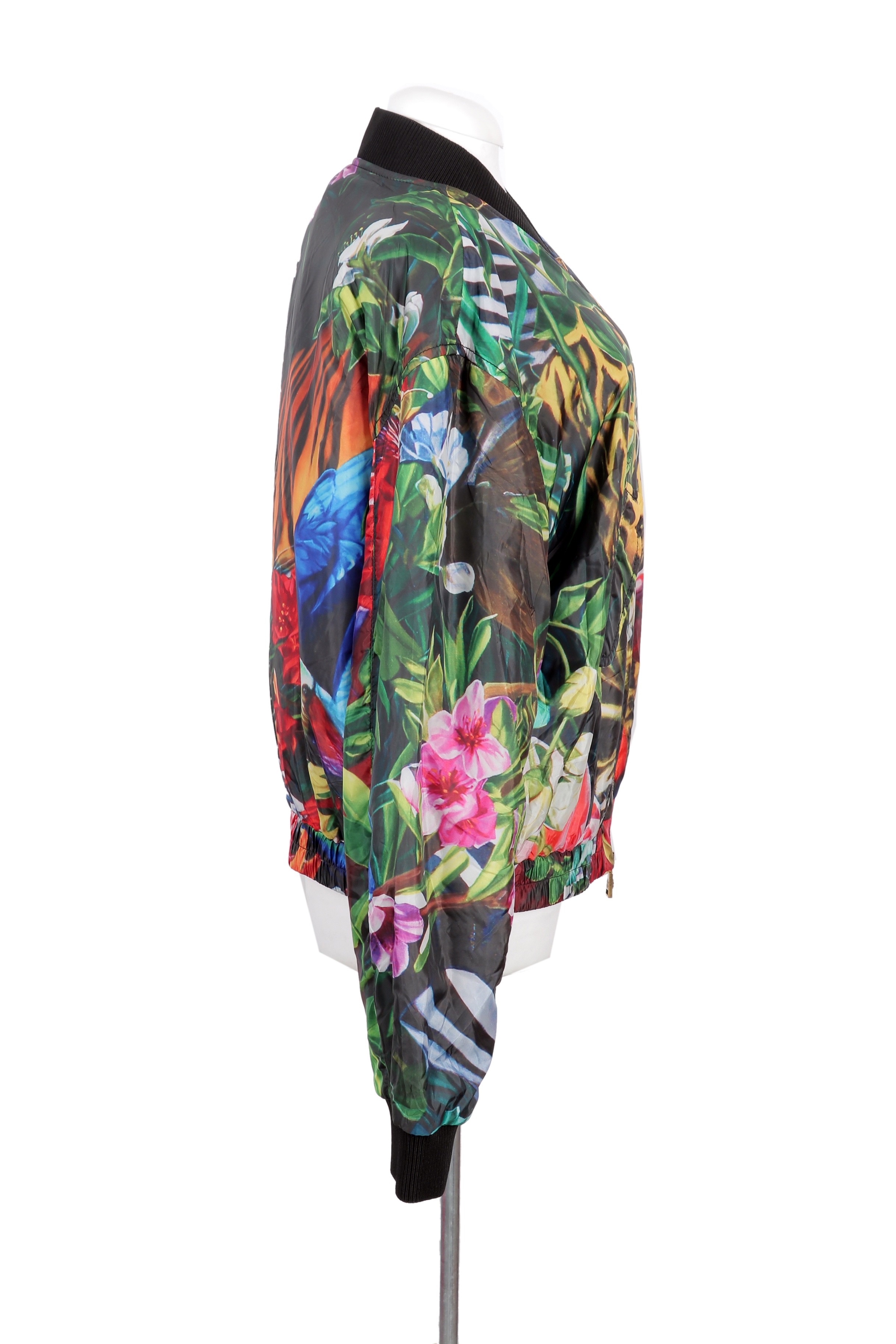 Roberto Cavalli jungle-print bomber jacket with a vibrant multicolour design blending animal and floral patterns