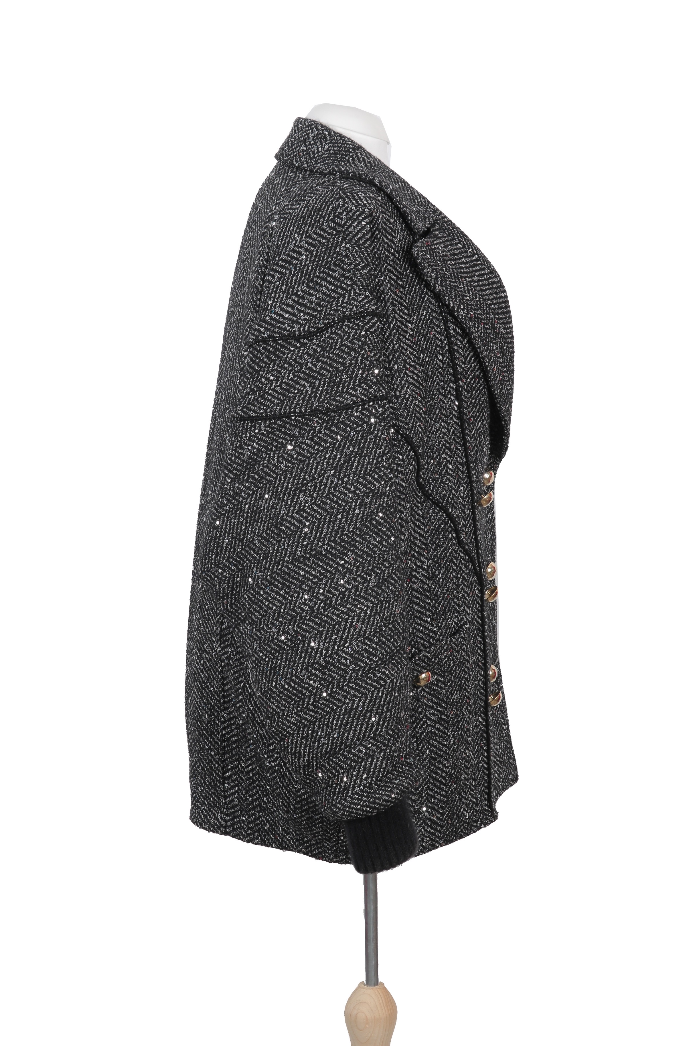 Elegant Alessandra Rich coat in plush black faux fur with a high-collar neckline