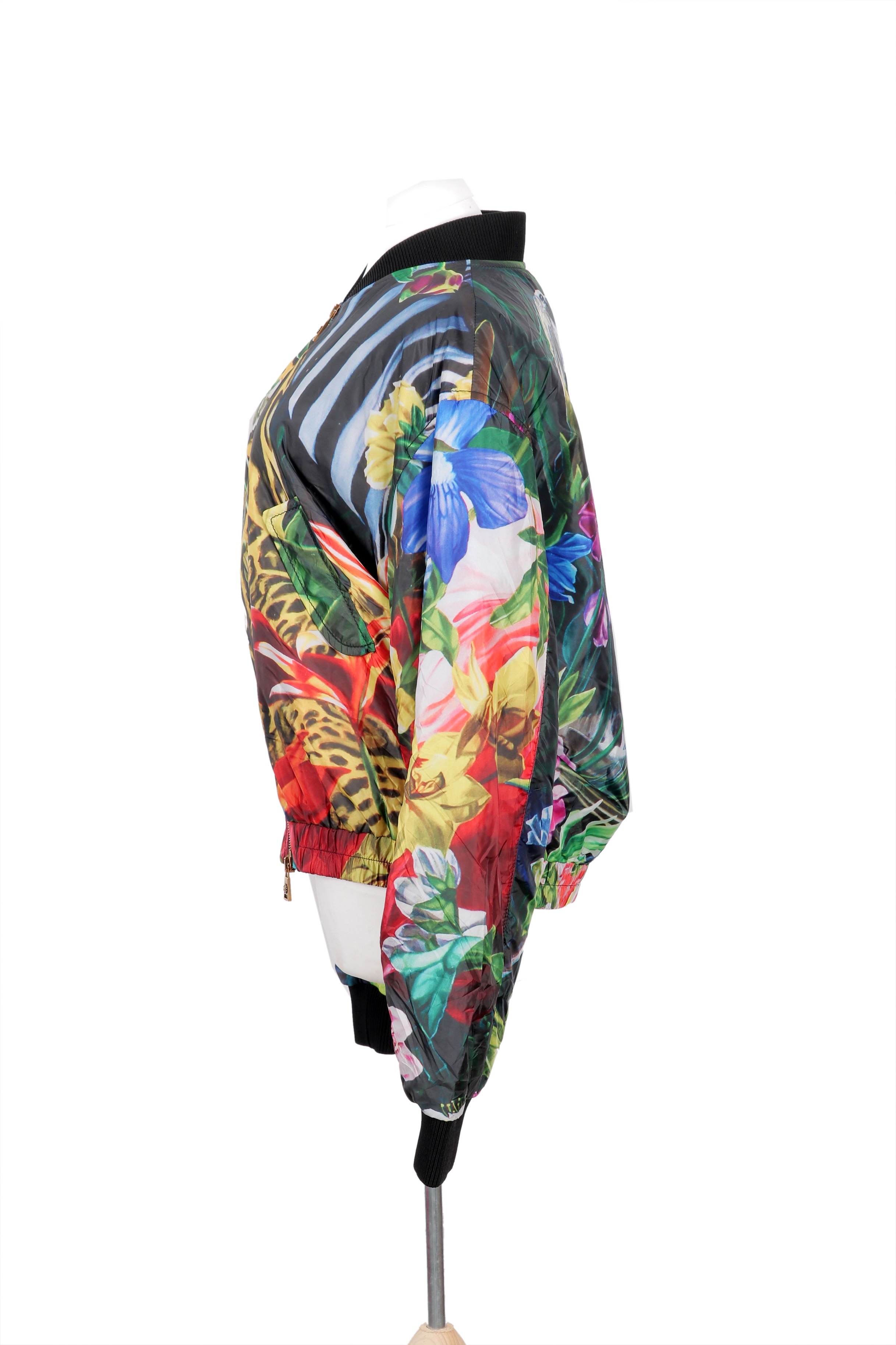 Roberto Cavalli jungle-print bomber jacket with a vibrant multicolour design blending animal and floral patterns