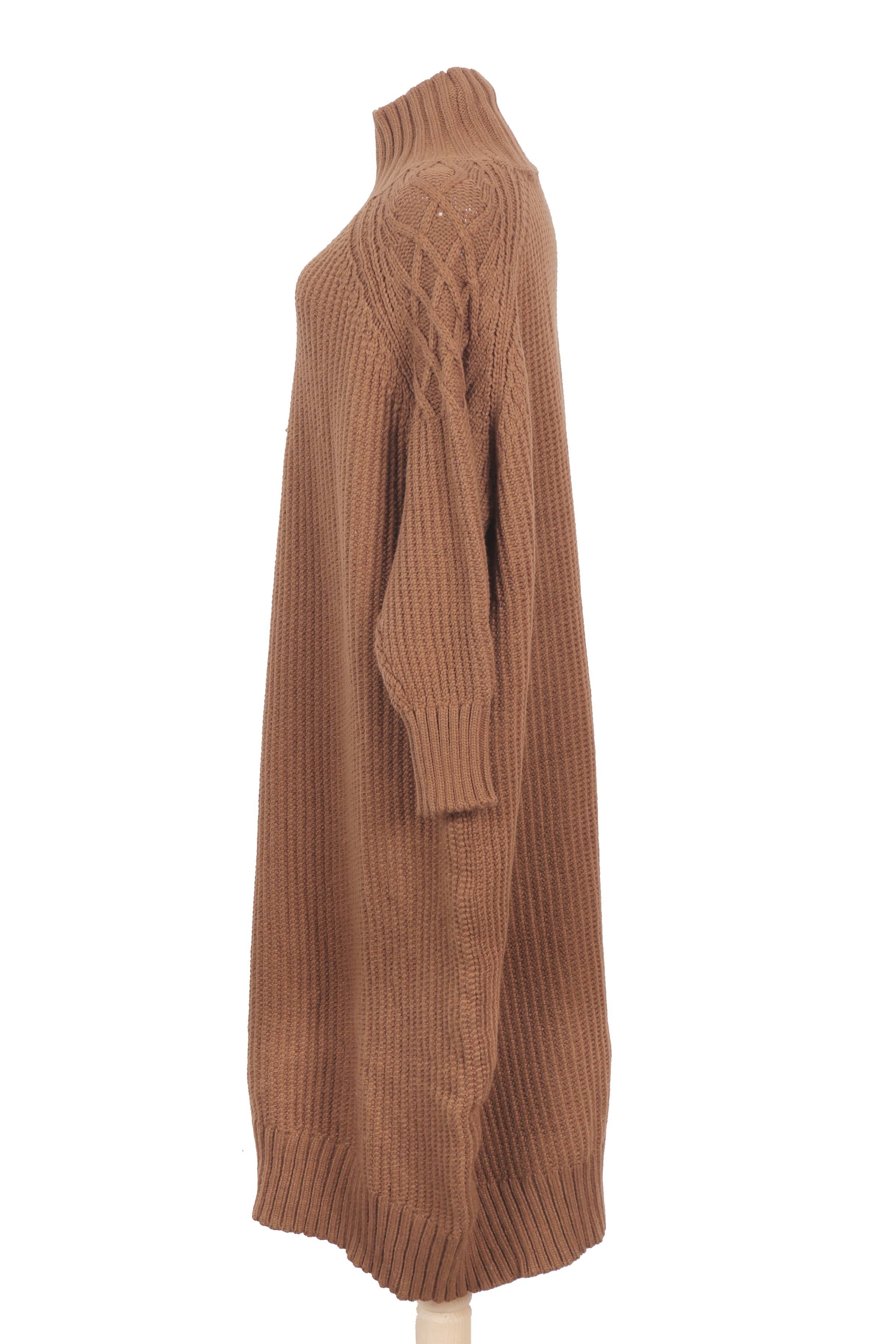 Leem oversized knit dress in warm camel brown, featuring a cozy high-neck design and elegant crystal embellishments at the shoulder