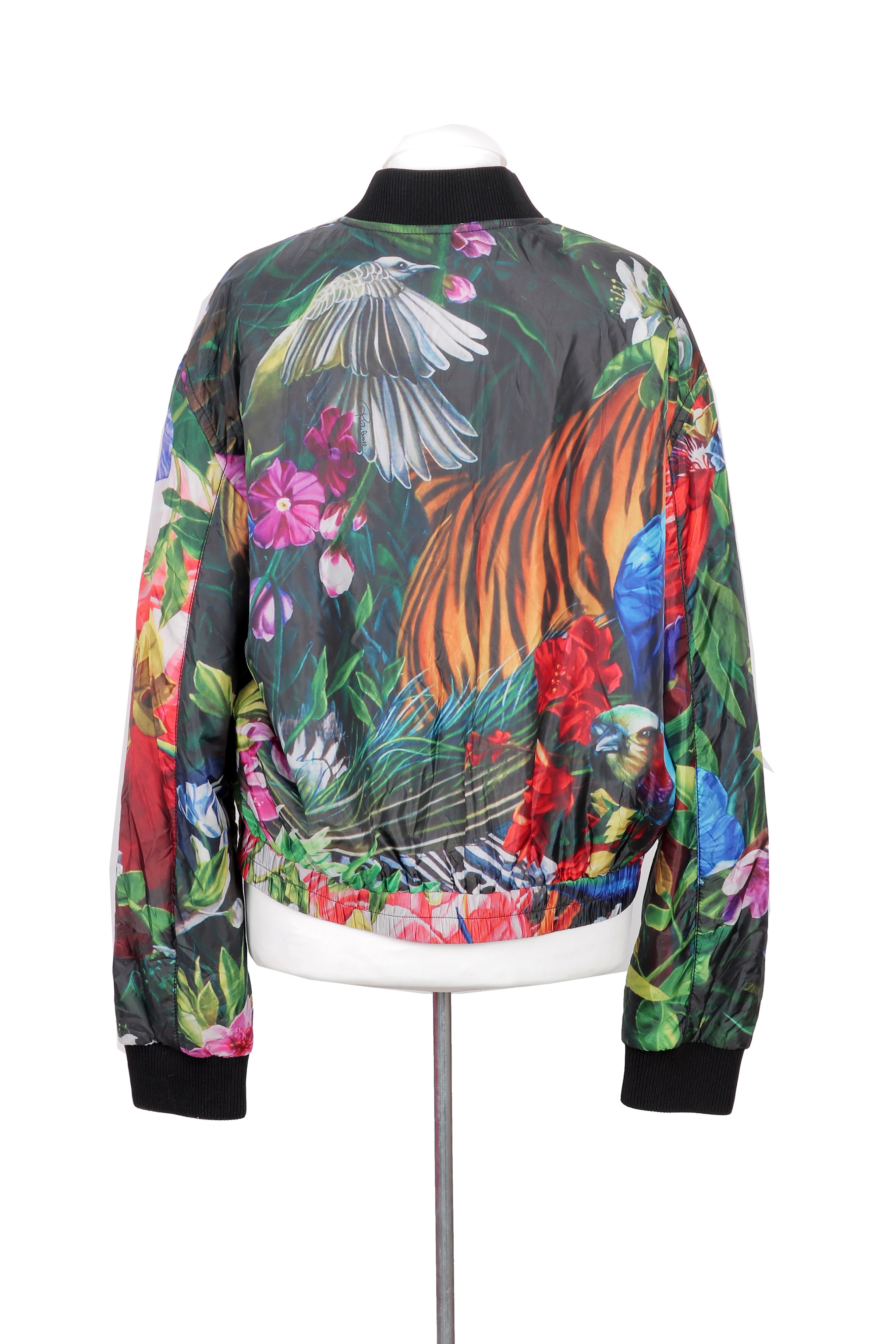 Roberto Cavalli jungle-print bomber jacket with a vibrant multicolour design blending animal and floral patterns