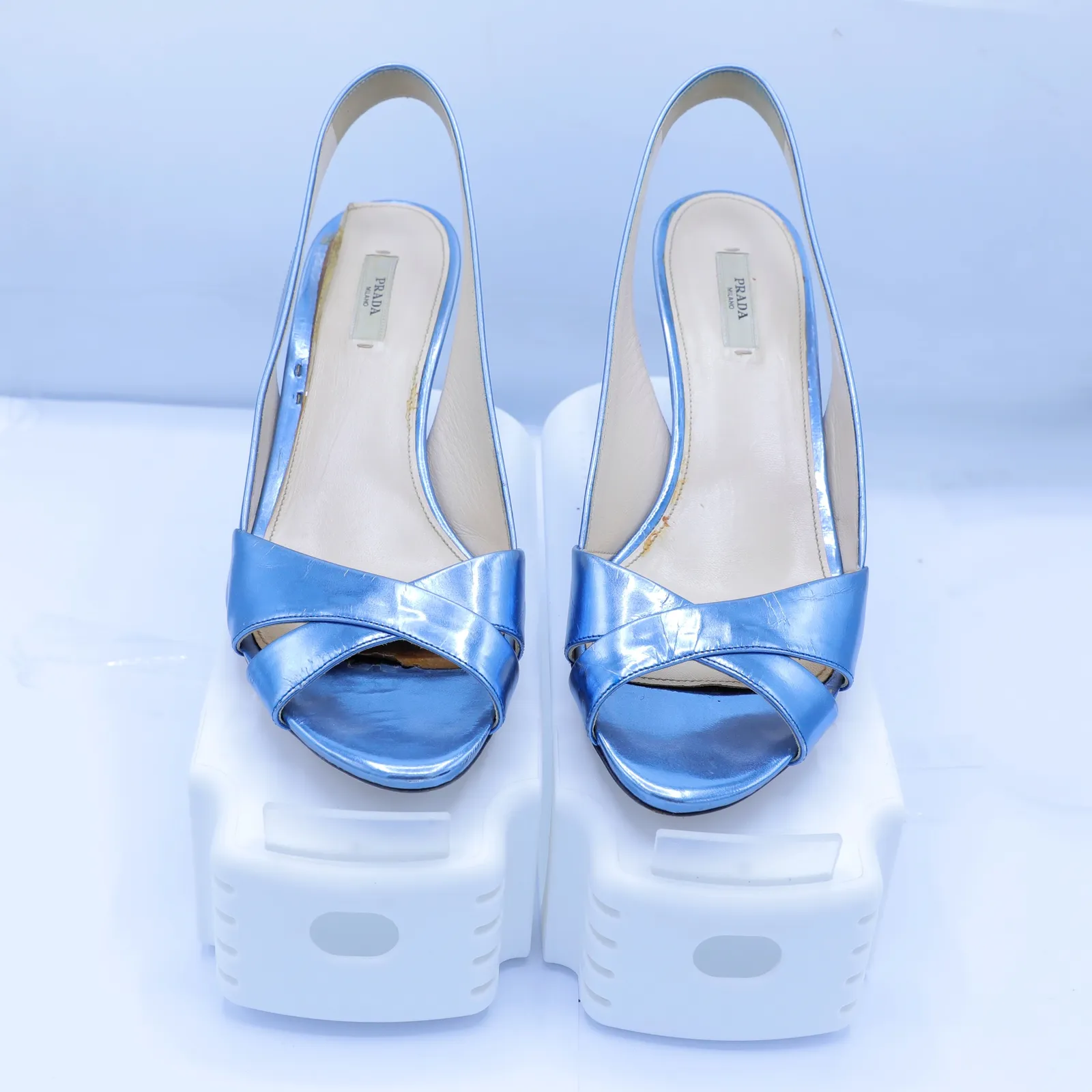 Prada Metallic Blue Patent Leather Sandals
