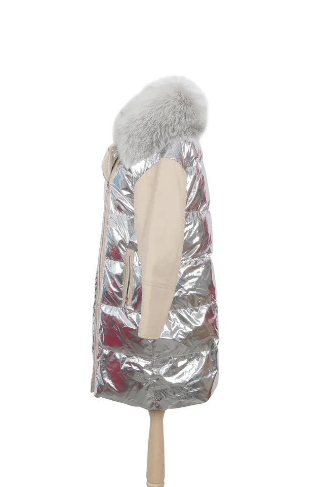 Yves Salomon Silver & Beige Quilted Coat