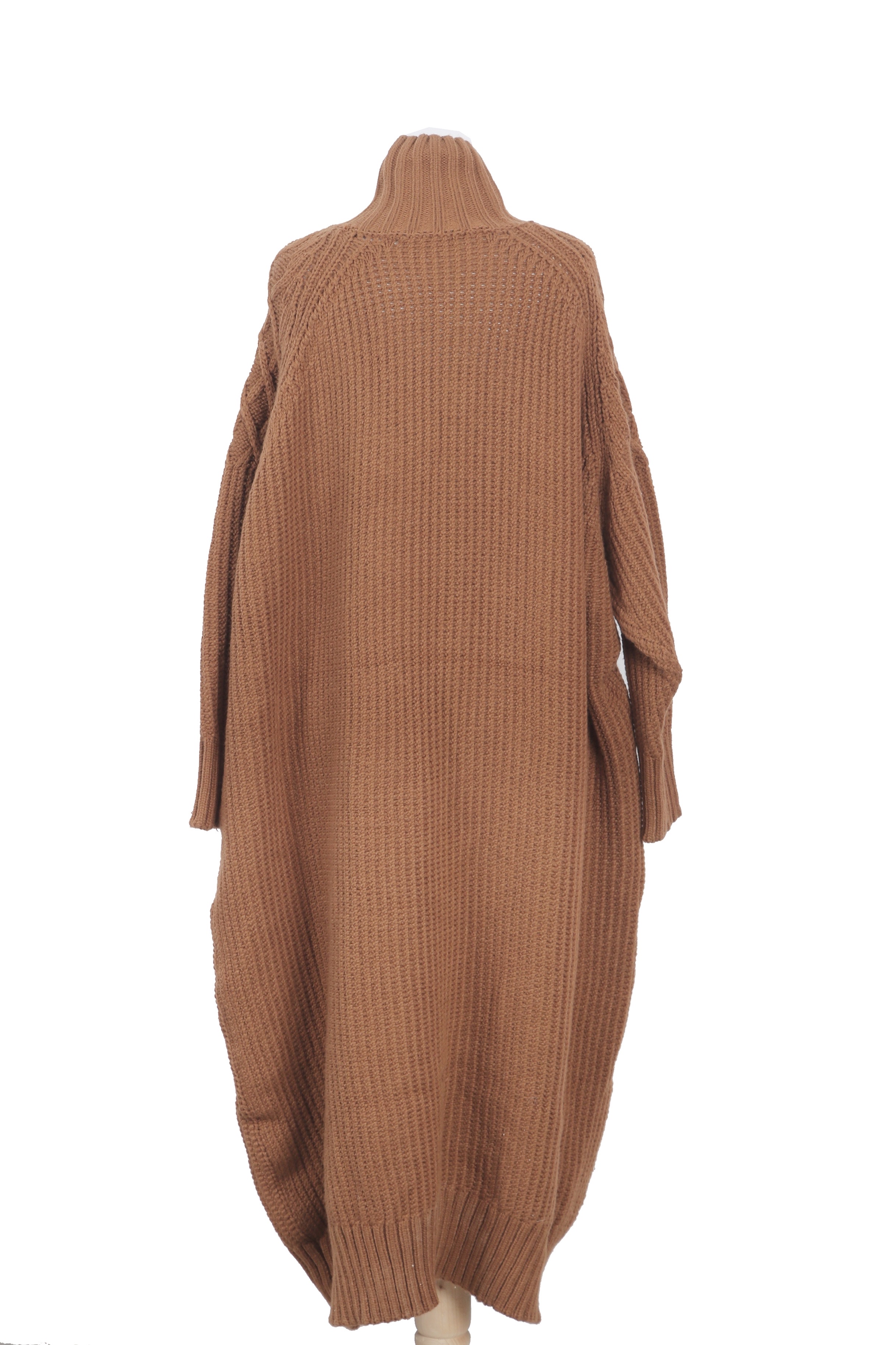 Leem oversized knit dress in warm camel brown, featuring a cozy high-neck design and elegant crystal embellishments at the shoulder