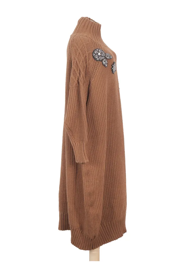 Leem Camel Brown Ribbed Knit Dress