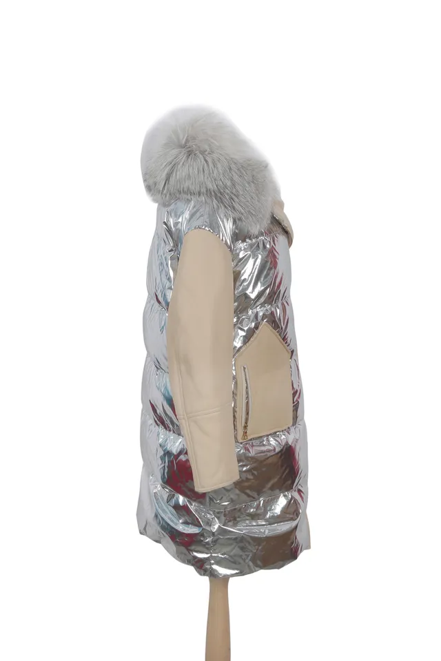 Yves Salomon Silver & Beige Quilted Coat