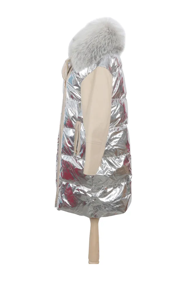 Yves Salomon Silver & Beige Quilted Coat