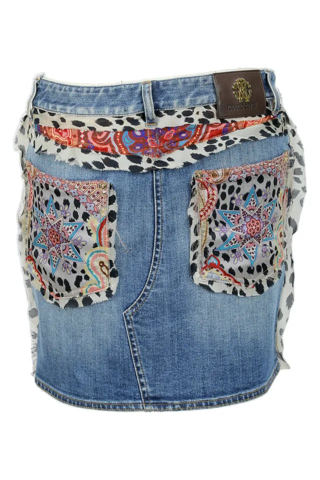 Roberto Cavalli Medium Blue Denim Leopard Print Mini Skirt