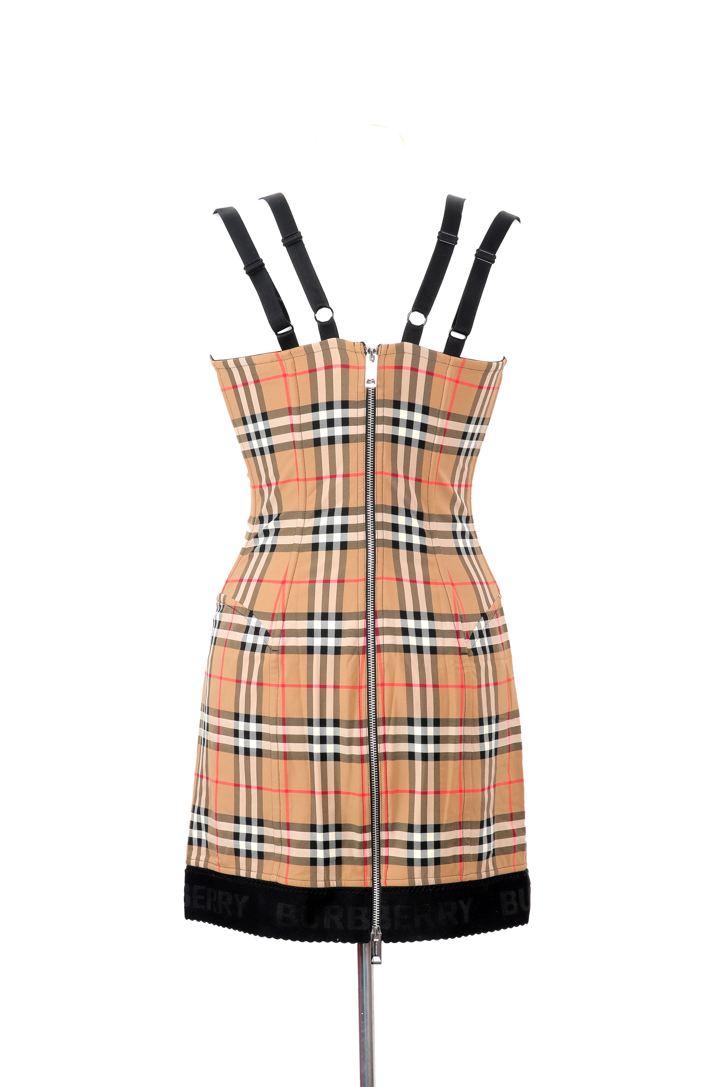 Burberry beige Vintage Check corset mini dress in stretch jersey, designed with a bodycon silhouette, push-up top, and corset boning