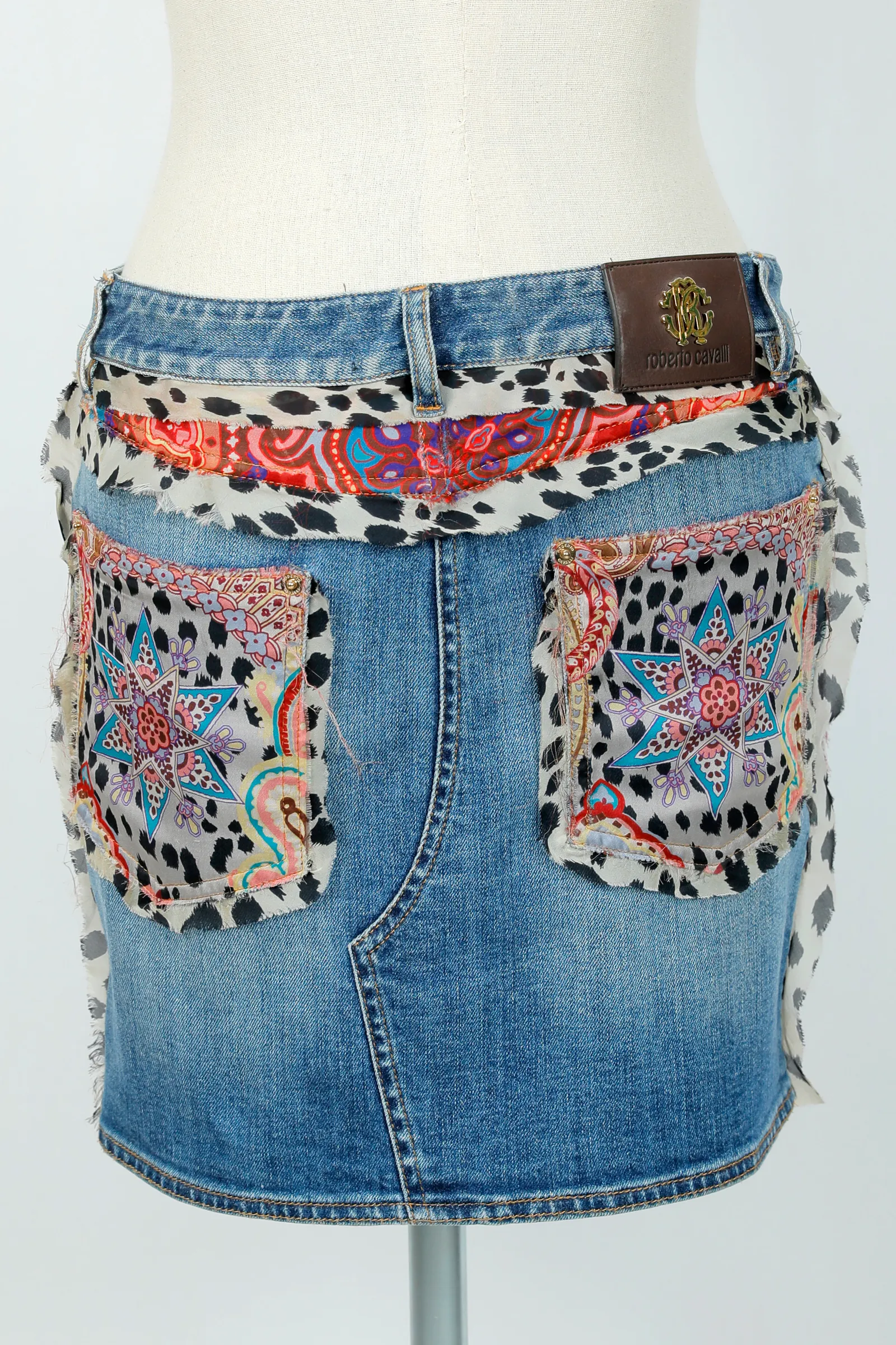 Roberto Cavalli Medium Blue Denim Leopard Print Mini Skirt