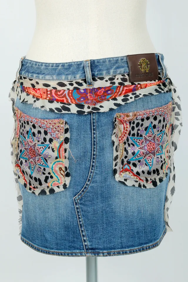 Roberto Cavalli Medium Blue Denim Leopard Print Mini Skirt