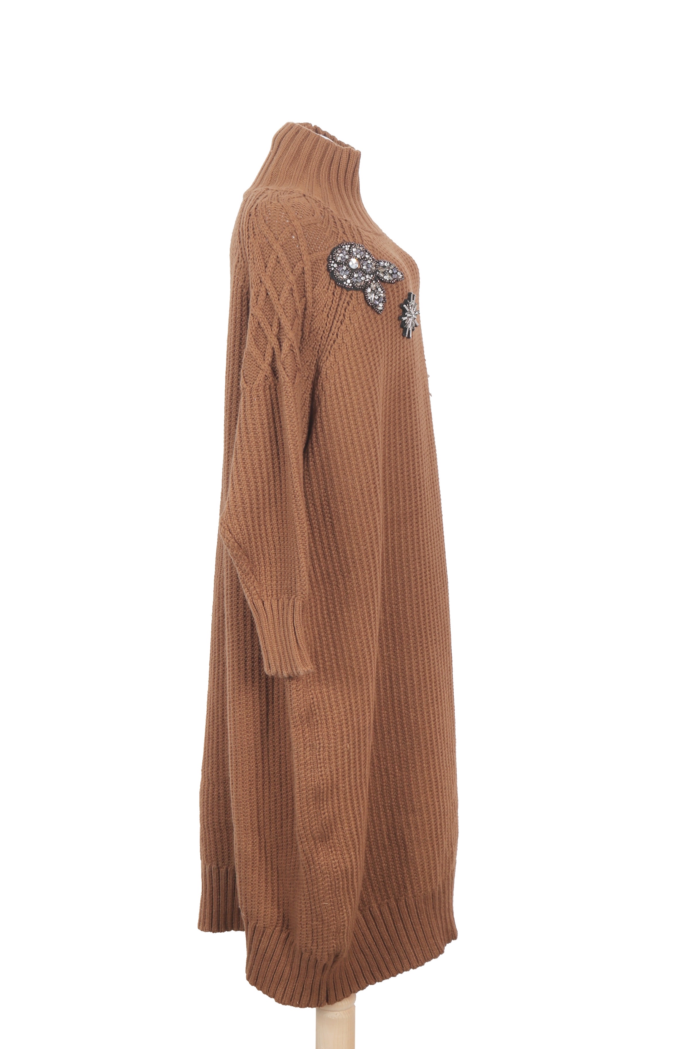 Leem oversized knit dress in warm camel brown, featuring a cozy high-neck design and elegant crystal embellishments at the shoulder