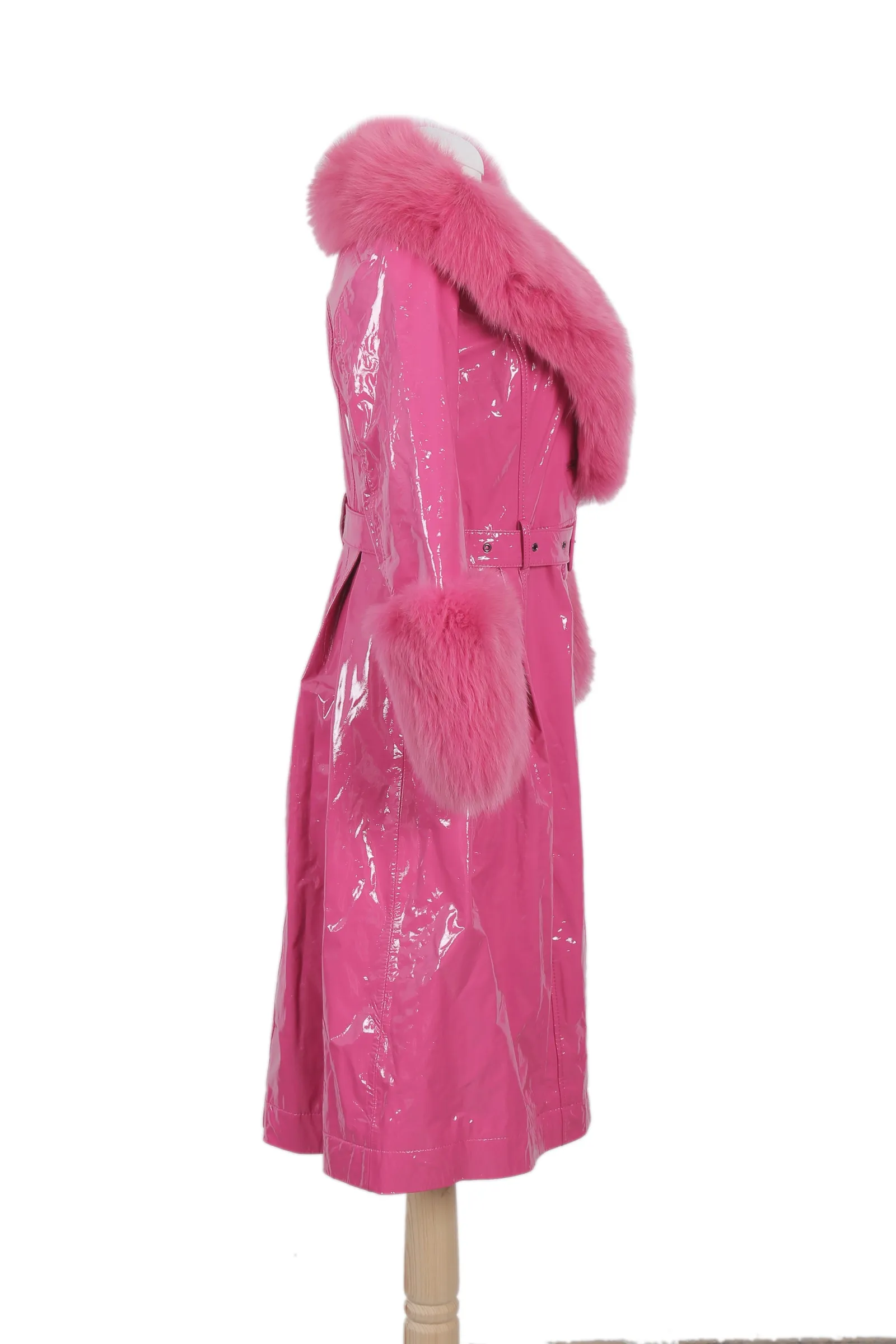 Saks Potts Neon Pink Fur Trench Coat