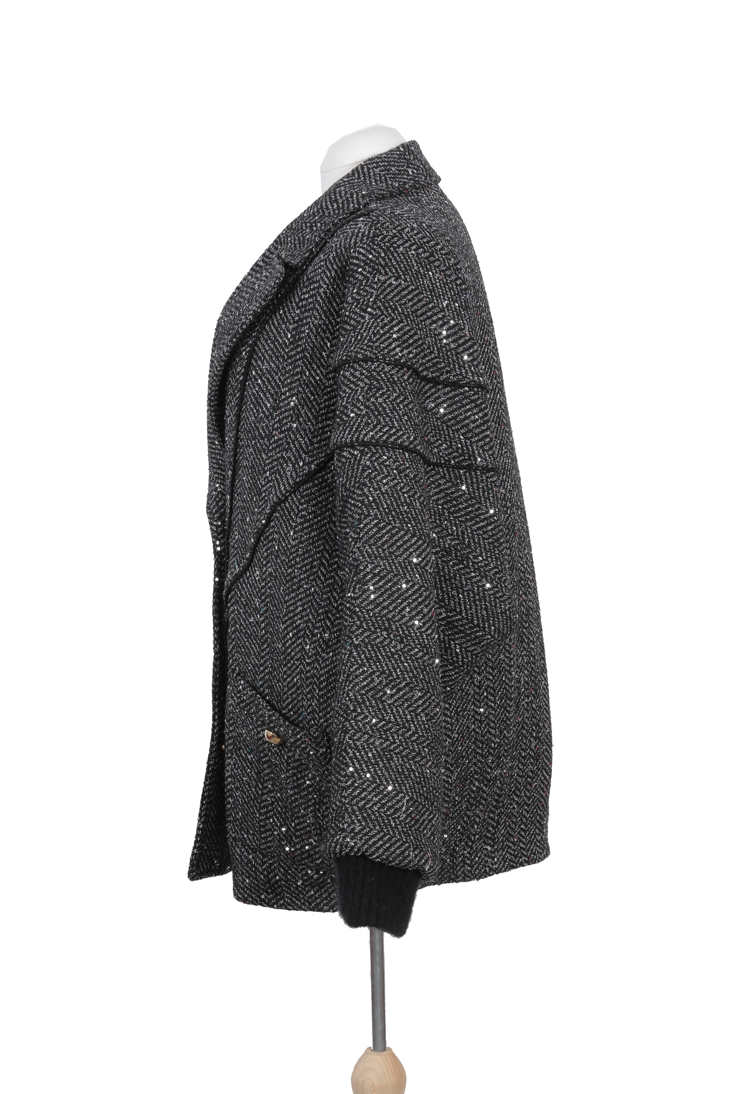 Elegant Alessandra Rich coat in plush black faux fur with a high-collar neckline