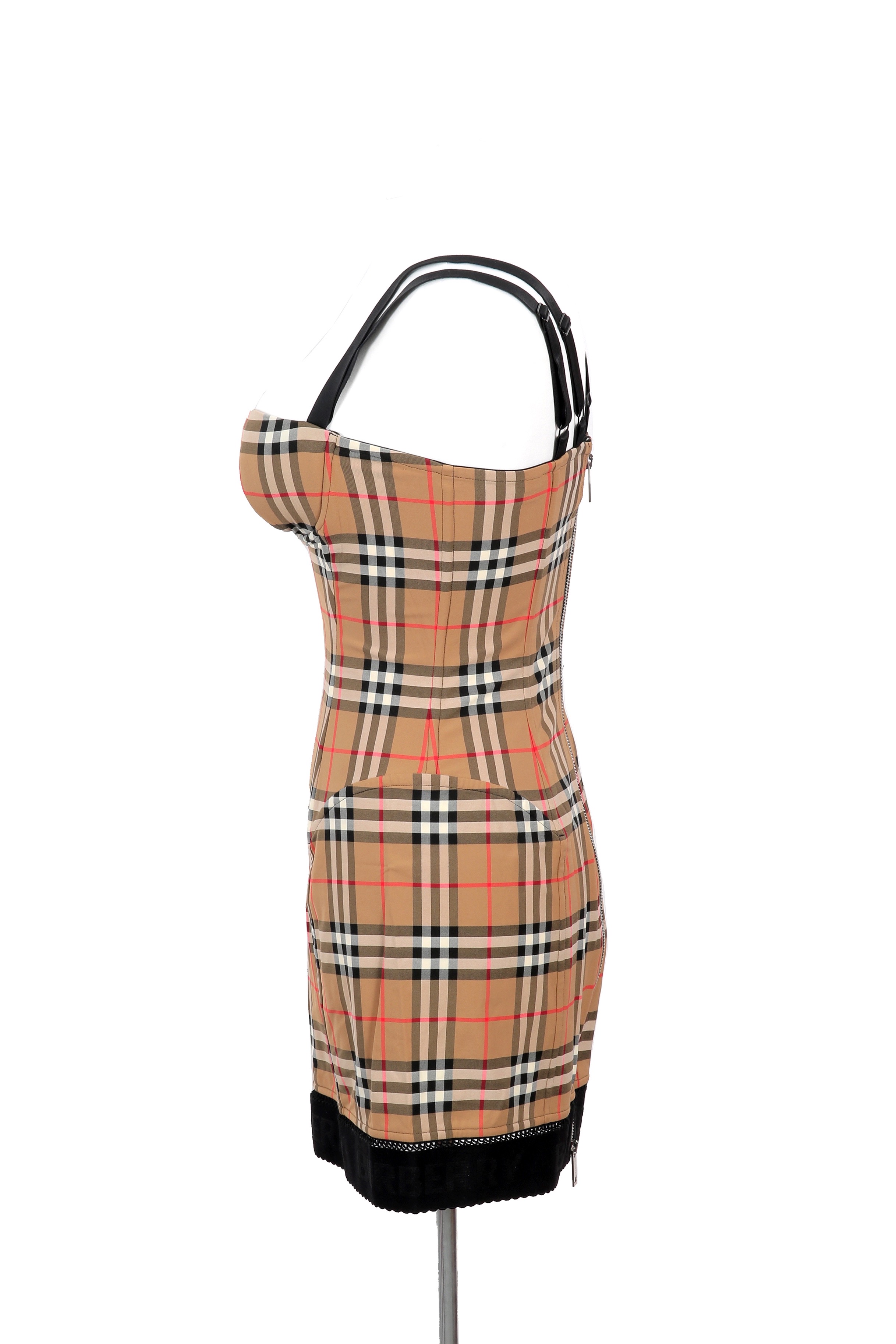 Burberry beige Vintage Check corset mini dress in stretch jersey, designed with a bodycon silhouette, push-up top, and corset boning