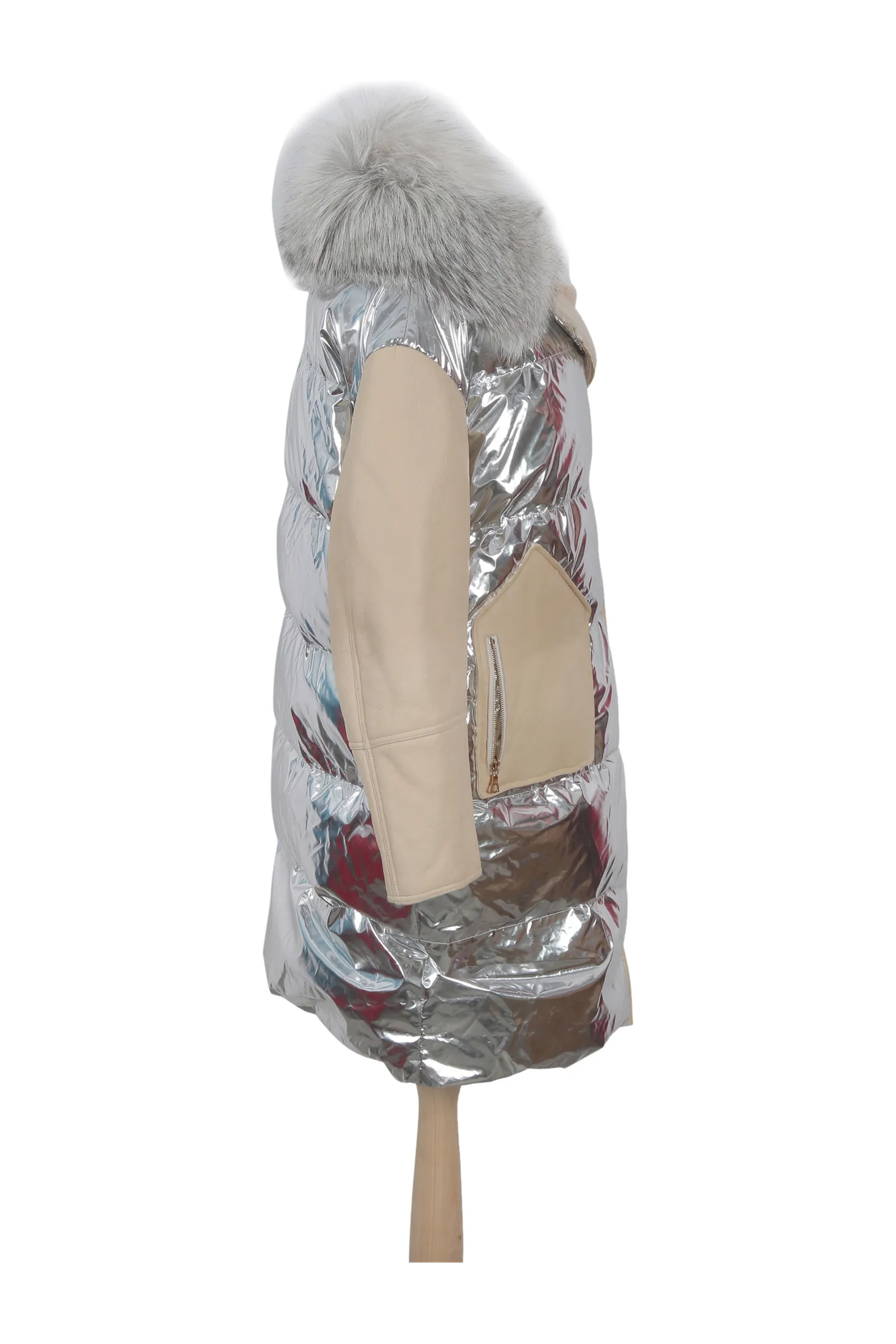 Yves Salomon Silver & Beige Quilted Coat