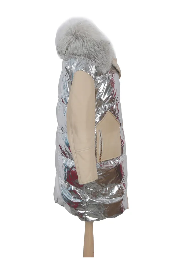 Yves Salomon Silver & Beige Quilted Coat