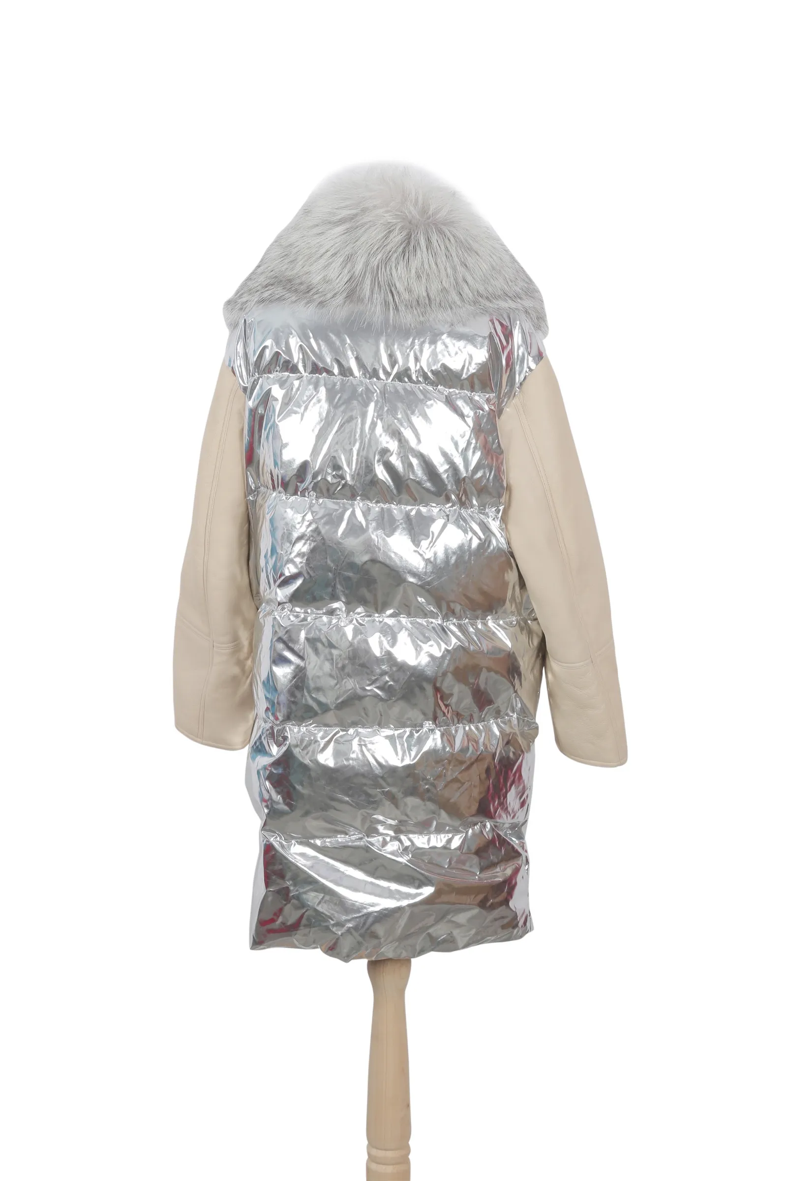 Yves Salomon Silver & Beige Quilted Coat