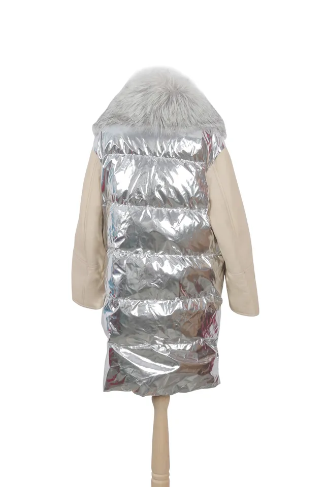Yves Salomon Silver & Beige Quilted Coat