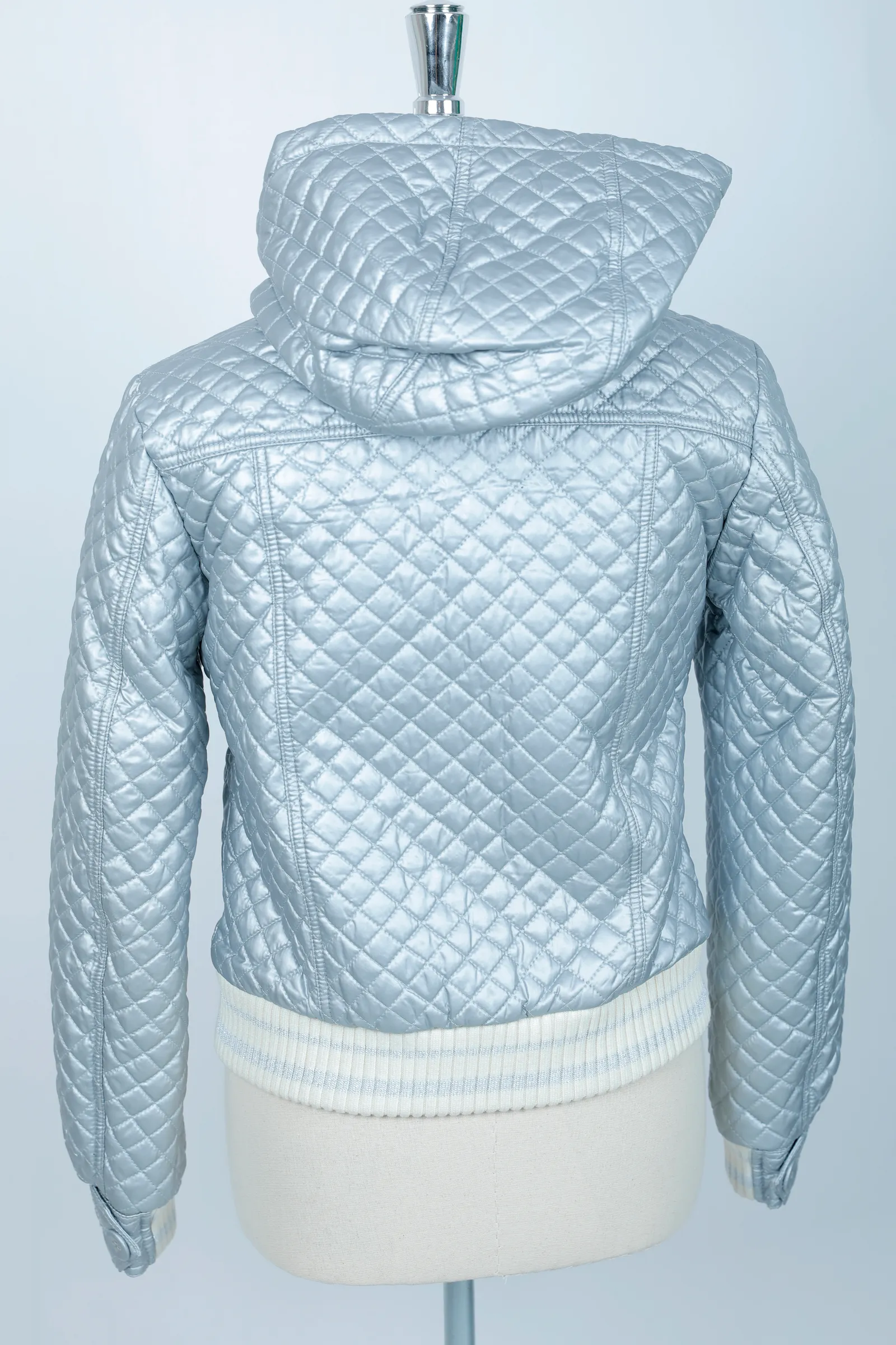 Dolce & Gabbana Metallic Silver Blue Logo Print Bomber Jacket