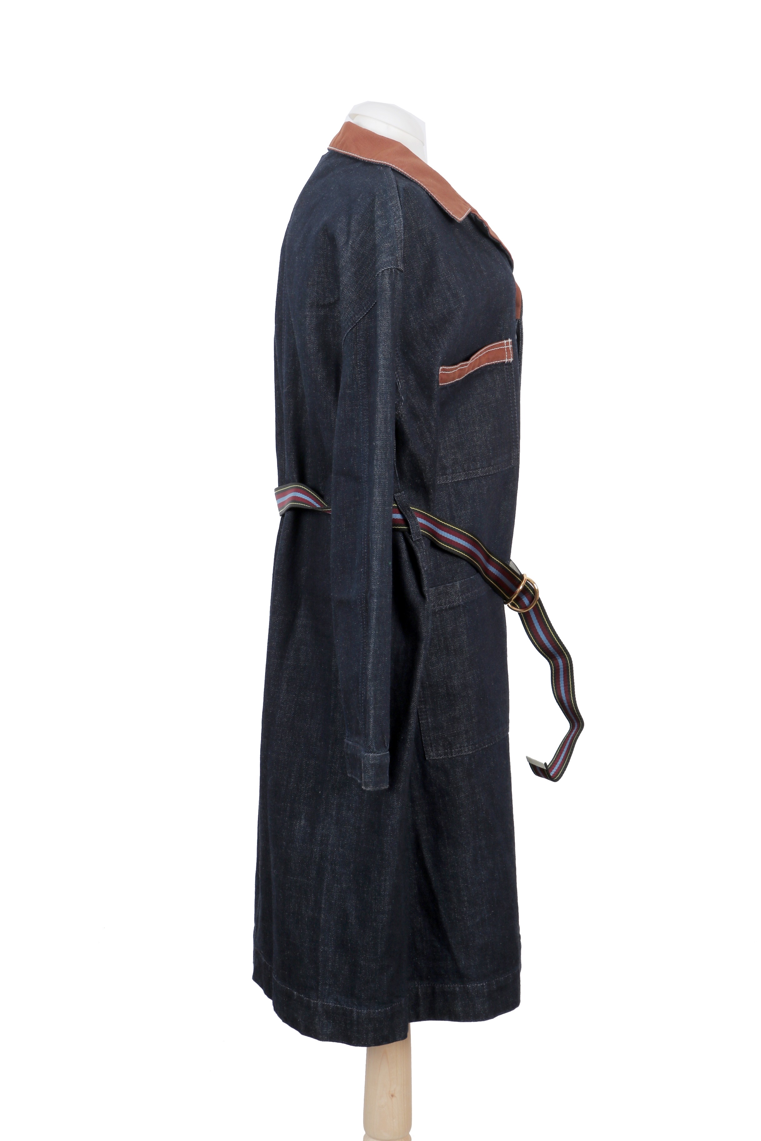 Marni denim coat in deep indigo blue, contrasted with a tan collar and pocket trims