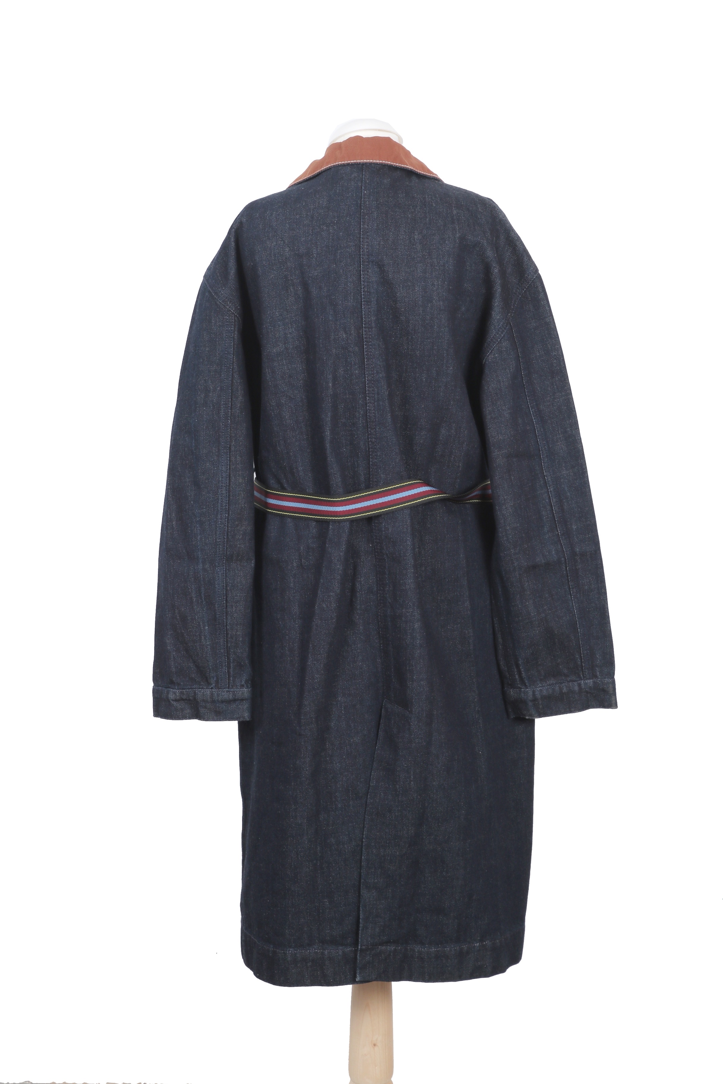 Marni denim coat in deep indigo blue, contrasted with a tan collar and pocket trims