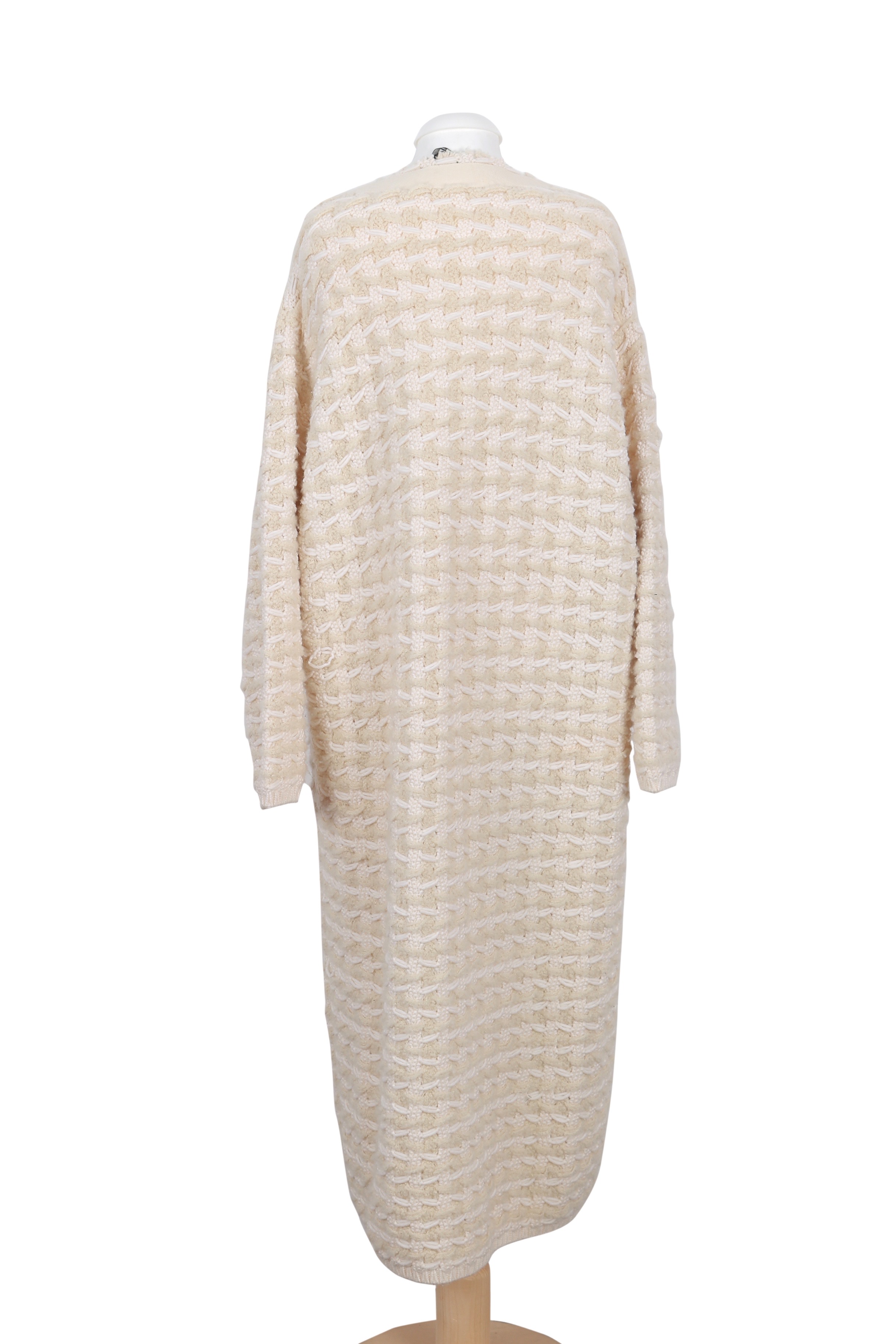 Sonia Rykiel beige knitted midi dress featuring a deep V-neckline and relaxed silhouette